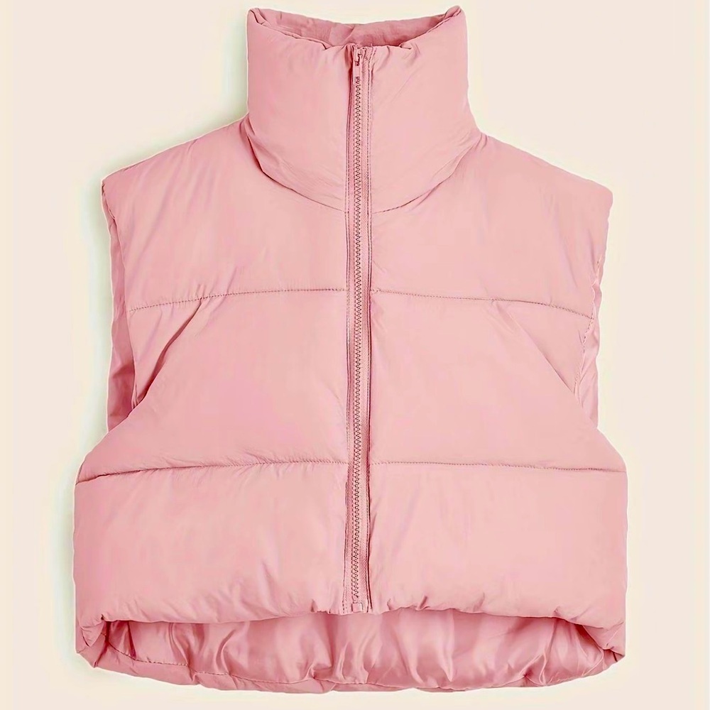 NWOT Light Baby Pink Drawstring Waist Cropped Puff Neck Zipper Puffer Vest XL